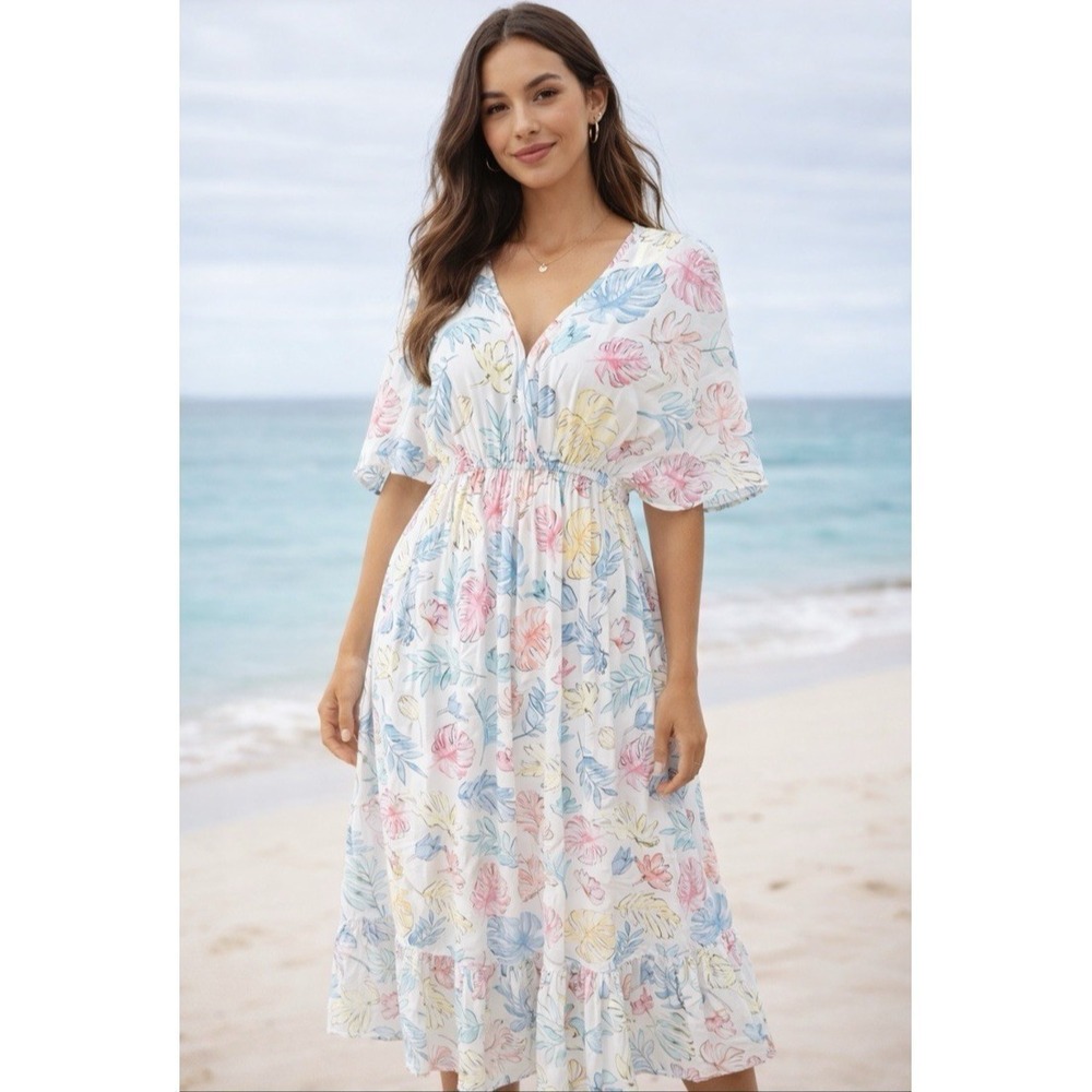 World Market Midi Dress S/M Tropical Boho Beach Vacation Flowy Elastic Waist